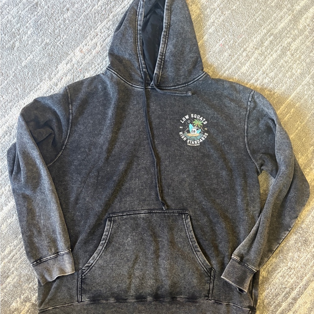 Washed Black Pullover Hoodie with Front Pocket Barbells and Ponytails XL